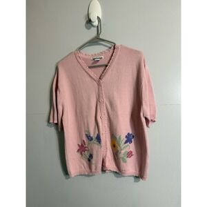 Cottage Core Serengeti Catalog Vintage‎ Pink Floral Embroidery Short Sleeve Sz L